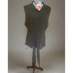 Catos Sleeveless Black Button Up Sheer Woman's Shirt Size L With Front Tie Belt